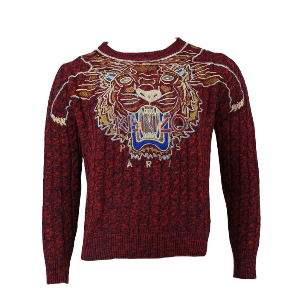 KENZO Red Navy Cable Knit Tiger Embroidered Sweater